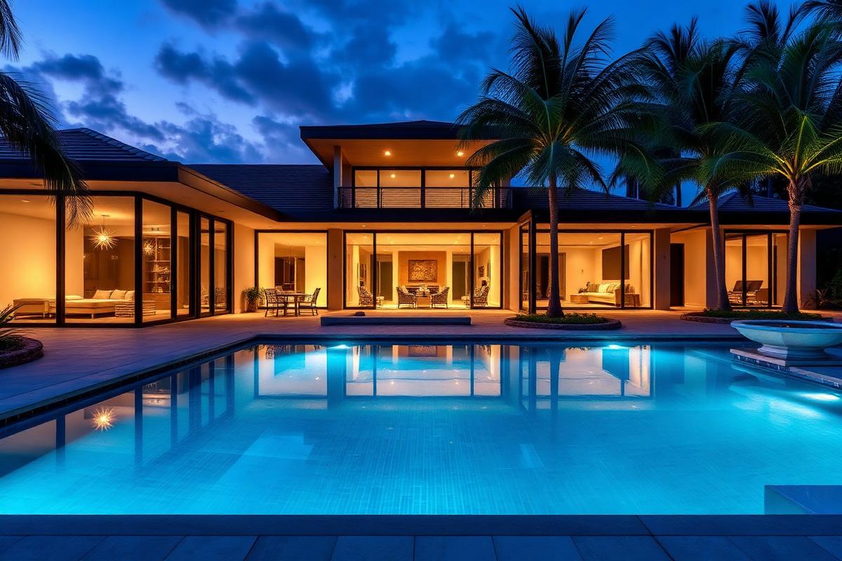Mora Realty Davie luxury homes Davie FL — modern estate residence with pool at twilight