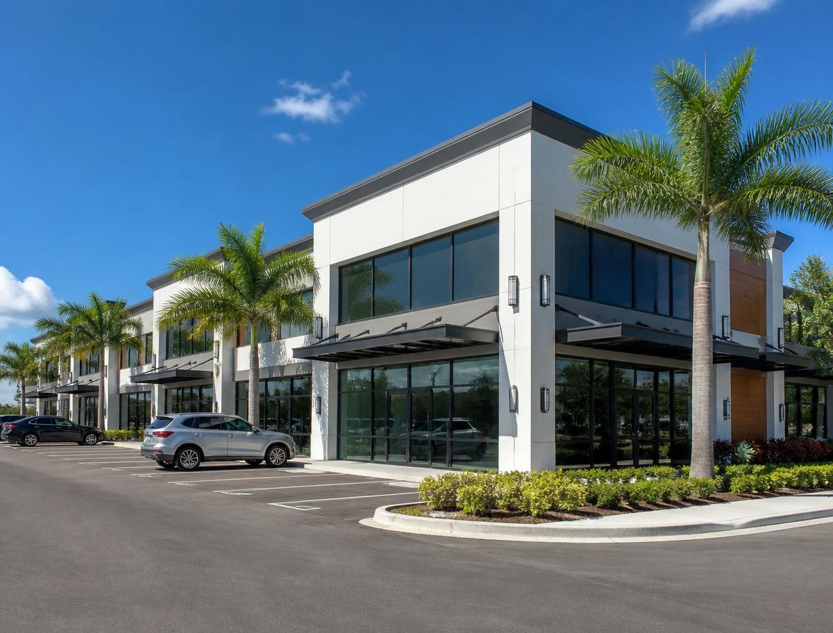 Mora Realty Davie commercial real estate Davie FL — modern low-rise mixed-use building along University Drive